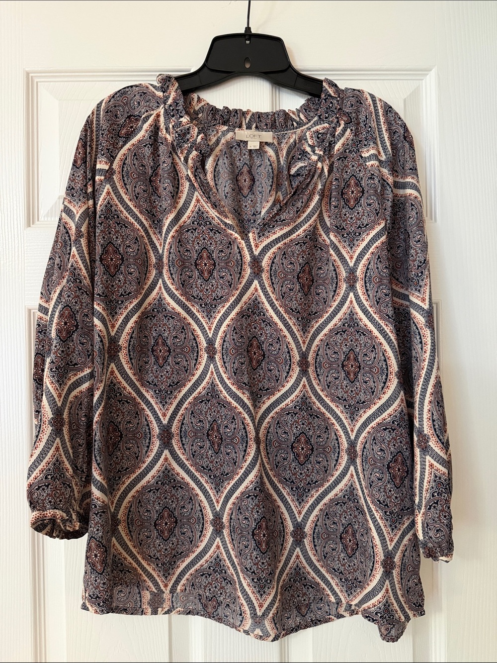 LOFT Paisley Medallion Long-Sleeve Blouse in Navy and orange